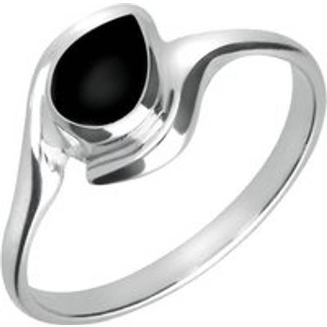 Sterling Silver Whitby Jet Offset Pear Ring - Silver