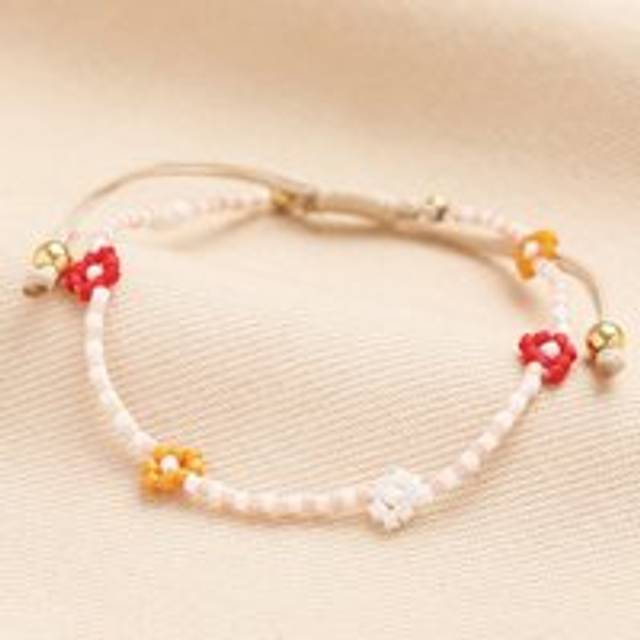 Pull Cord Red and Orange Daisy Beaded Bracelet - red/orange/white - one size