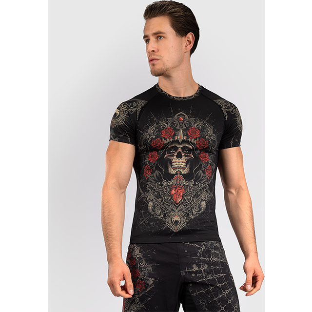 Venum Santa Muerte 5.0 Mens Short Sleeve Rashguard Deep Black/Go