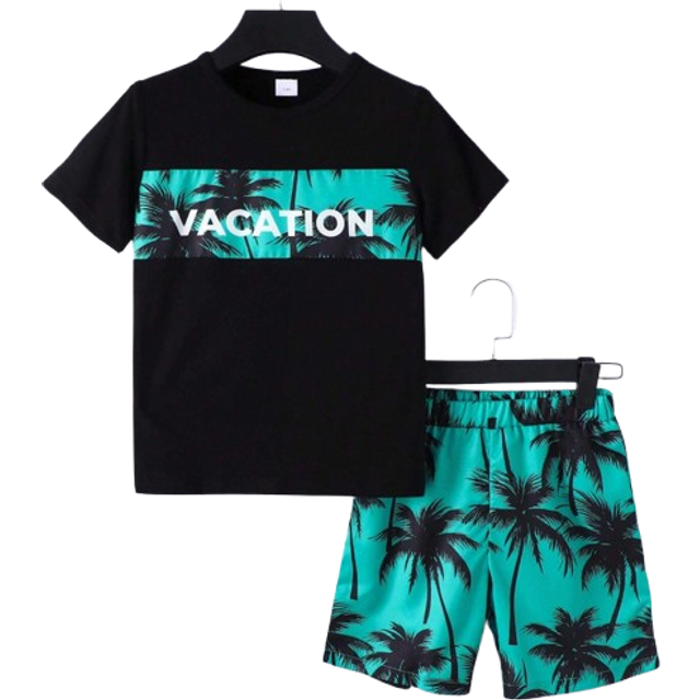 SHEIN 2pcs/Set Teenage Boys Summer Hawaiian Coconut Tree Letter Print Knit Short Sleeve T-Shirt And Shorts Outfit