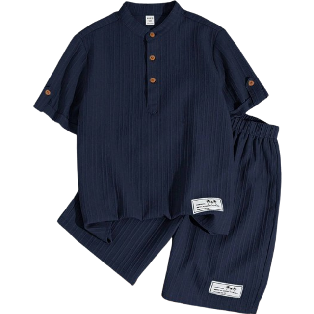 SHEIN Tween Boy Holiday Style Half-Placket Stand Collar Short Sleeve T-Shirt With Applique And Woven Beach Stripes Shorts Two-Piece Set