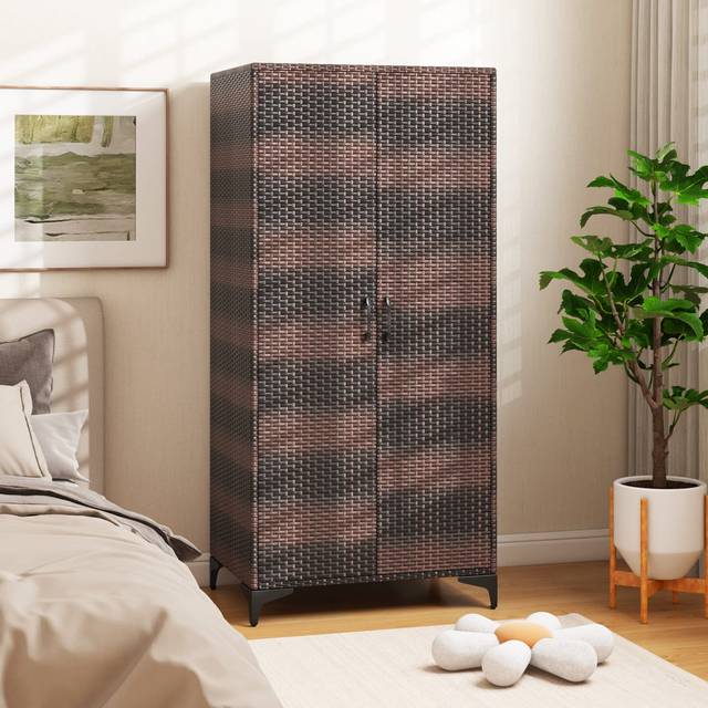 Wicker Wardrobe PE Rattan Wardrobe Armoire Closet W/ Hanging Rod-Coffee - Natural (157cm H X 72cm W X 50cm D)