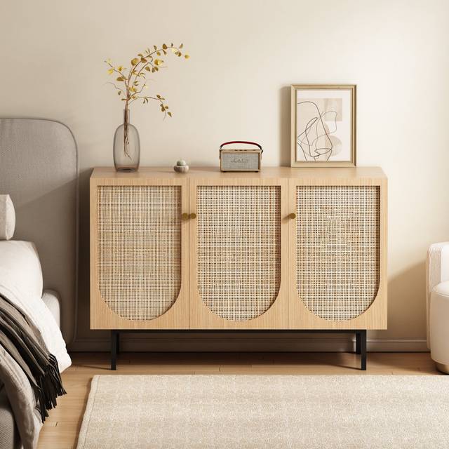 Natural Rattan Cabinet, 3-Door Wicker Storage Cabinet, Adjustable Shelves - Tan (77cm H X 117cm W X 39cm D)