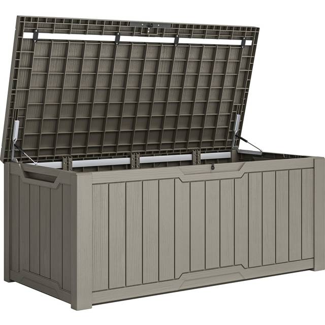 450l Lockable Garden Storage Box,Large Deck Box - Light Grey (59.5cm H X 142cm W X 67.5cm D)