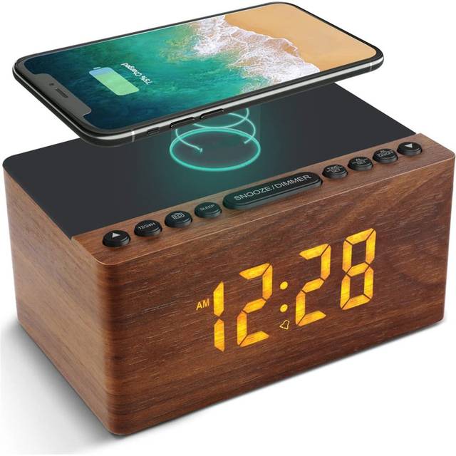 Wooden Alarm Clock Bedside With FM Radio,10W Super Fast Wireless Charger Station For Iphone/Samsung Galaxy/Other Smart Phone,USB Charging Port,Mains P - White (7.5cm H X 17cm W X 10cm D)