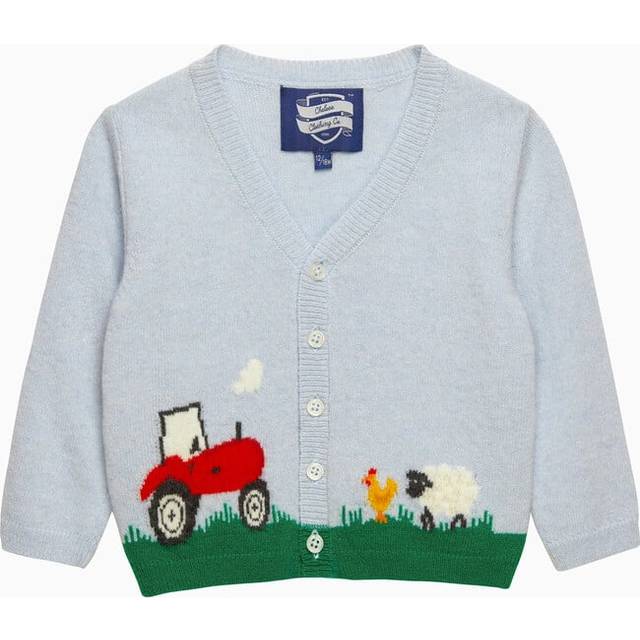 Trotters Baby Farmyard Wool and Cashmere Blend Cardigan, Icy Blue/Multi