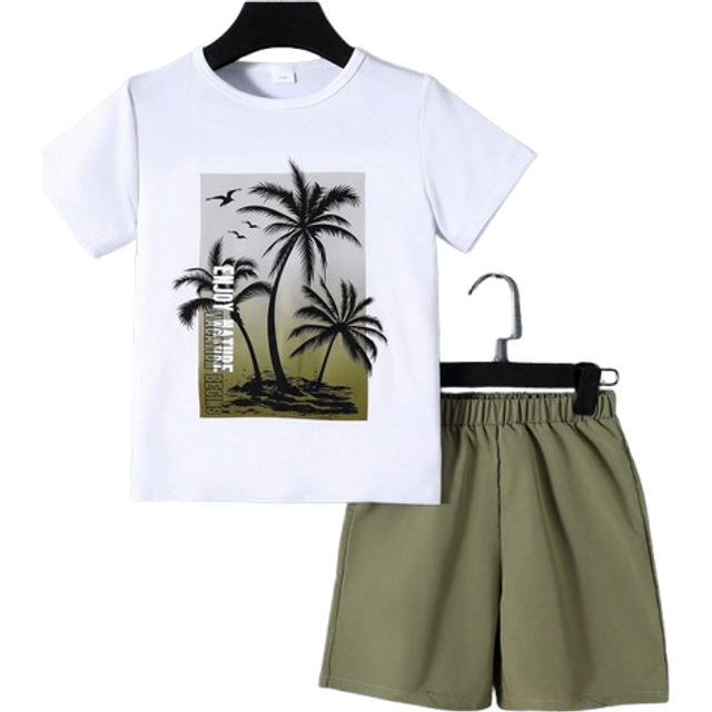 SHEIN 2 Piece Tween Boys Hawaiian Beach Palm Tree & Letter Print Knitted Loose Short Sleeve T-Shirt And Cargo Shorts Set, Summer