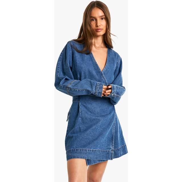 Womens Wrap Denim Belted Dress - Blue - 12, Blue