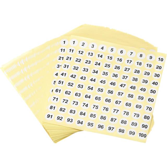 Round number stickers, 15mm dia number 1-100 coated paper label 50 sheets white