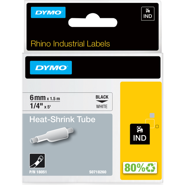 Dymo S0718260 | 18051 | IND Rhino | Heat Shrink | svart text - vit tejp | 6mm (original)