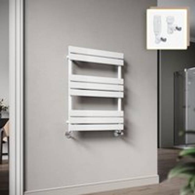 Elegant 800 x 600mm Heated Towel Rail White Flat Panel Design Tower Hanger, Modern Bathroom Radiator, Wall Mounted Ladder + White Thermostatic