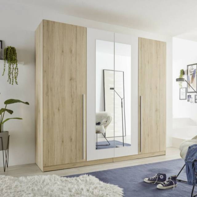 Sophisticated Berthalee 4 Door Hinged Wardrobe with Mirror 228 cm - Oak San Remo (213cm H X 228cm W X 62cm D)