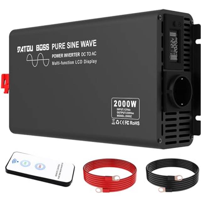 DATOUBOSS Spänningsomvandlare 12v till 230v Ren Sinus 2000w Toppeffekt 4000W Med LED-display och AC-uttag Trådlös fjärrkontroll