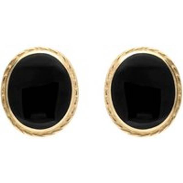 9ct Yellow Gold Whitby Jet Rope Edge Oval Stud Earrings - Yellow Gold