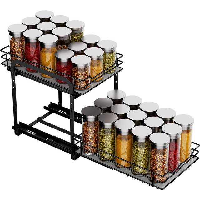 Pull Out Spice Rack, 2-Tier Spice Rack With Adjustable Height, Spice Rack For Inside Cupboard, Metal Kitchen Cupboard Organiser,Storage Rack For Insid - White (23cm H x 18.2cm W x 26.4cm D)