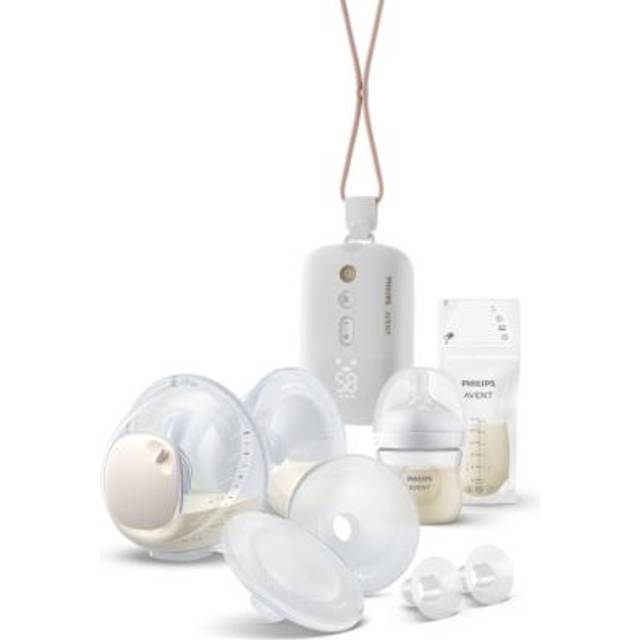 Philips Avent dubbel elektrisk handsfree-bröstpump, motor med sjukhusstyrka, efterliknar barnets drickrytm, pumpar upp till 85 gånger per minut, 2 uppsamlingsbehållare, 4 bröstskydd, modell SCF547/11