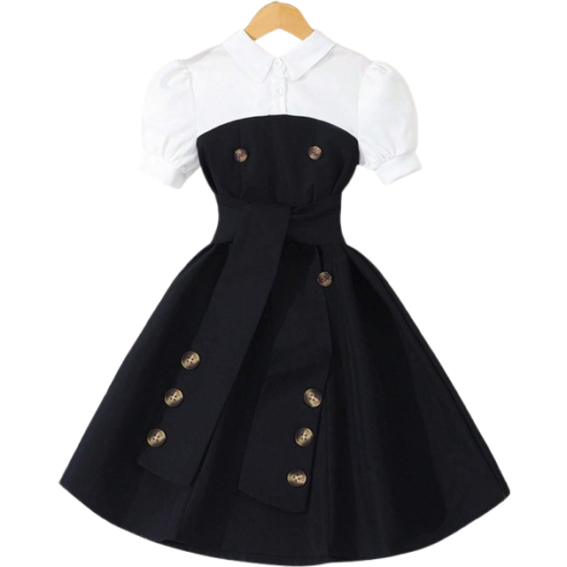 Tween Girl Sommar Kortärmad Turn-Down Krage 2 i 1 Splice Casual Dress (med skärp) - Svart (8Y,9Y,10Y,11Y,12Y)