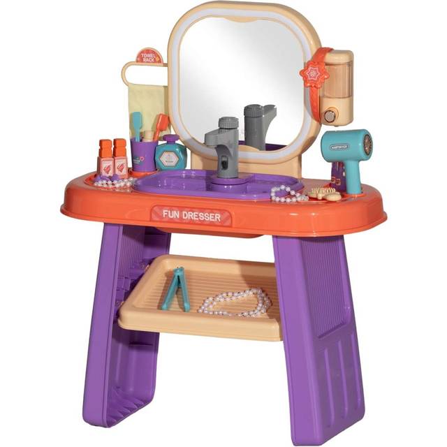 Sminkbord sminkbord för barn med spegel, LED-ljus, musik, kosmetikabord med kran, tillbehör för 3-6 år barn, lila