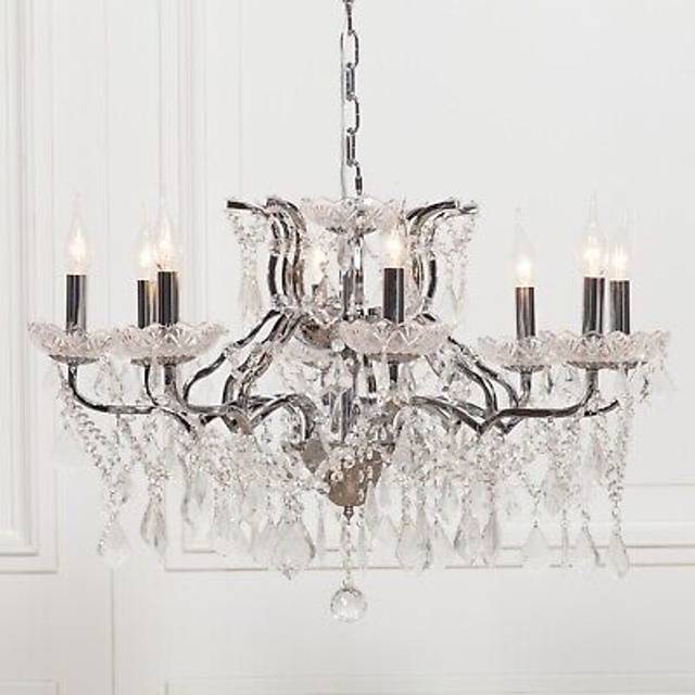 French style chic 8 arm branch chrome shallow cut glass chandelier ceiling light