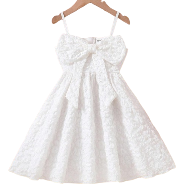 SHEIN Young Girl Girl&#39;s Textured Fabric Spaghetti Strap Dress With Bow Decoration,Holiday,Summer,Travel