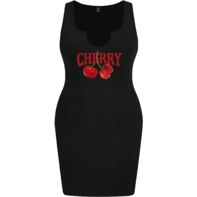 Veykashi Plus Size Women&#39;s Casual Cherry Print Spaghetti Strap Plunging Neck Bodycon Dress, Suitable For Summer