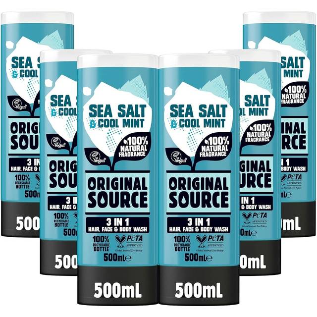 Original source mens 3in1 sea salt & cool mint shower gel, pack of 6 x 500 ml