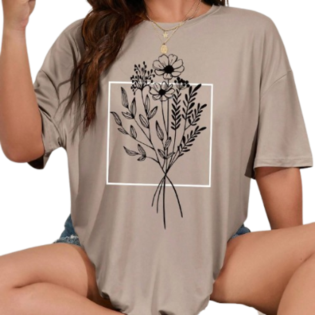 INAWLY Plus Size Women&#39;s Loose Fit Flower Print Round Neck Drop Shoulder Short Sleeve Casual Tee, Summer, Graphic T-Shirt Graphic Tees Women Tops