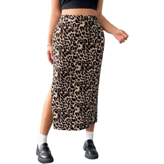 SHEIN Plus Size Women&#39;s Leopard Print High Slit Side Hem Skirt