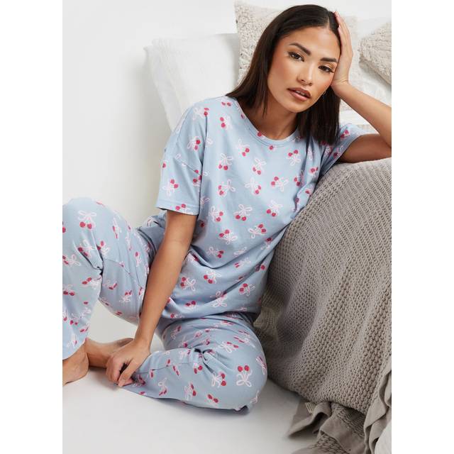 Pixiegirl Blue Cherry Bow Graphic Tapered Pyjama Set 16-18 Pixiegirl | Petite Women's Pyjamas