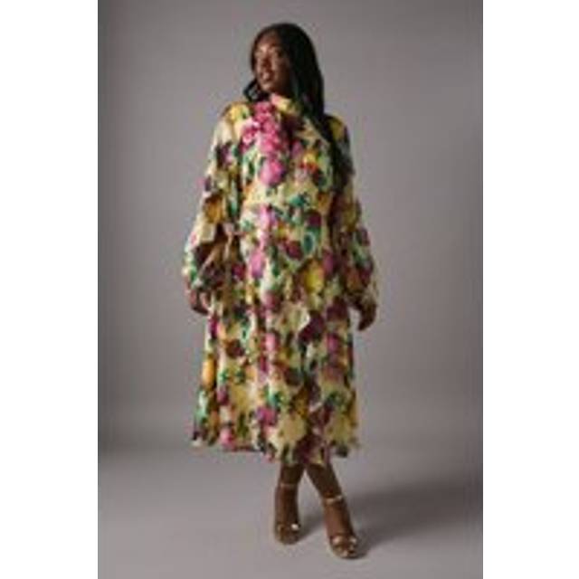 Plus Printed Jacquard Ruffle Dress - Yellow - 26