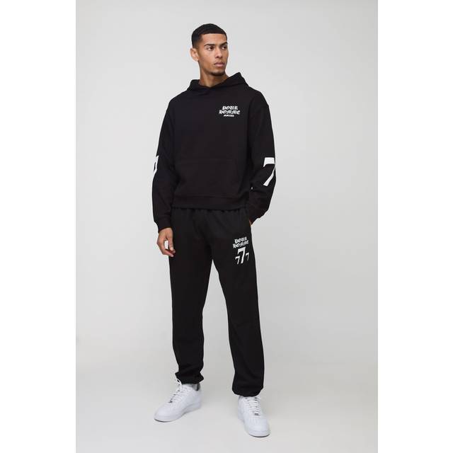 Oversized Boxy 7 Print Hooded Tracksuit - Black - L