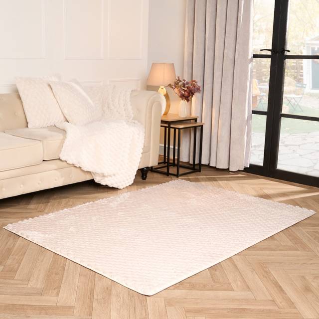 Waffle Fleece Rug Supersoft Faux Fur Living Room Bedroom Floor Anti Slip Carpet - Cream - 160cm x 230cm