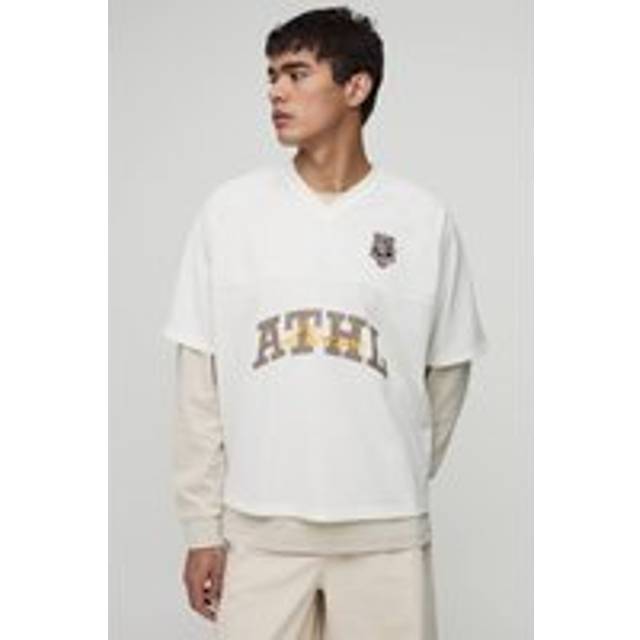 Oversized V Neck Baseball T-Shirt - Cream - L