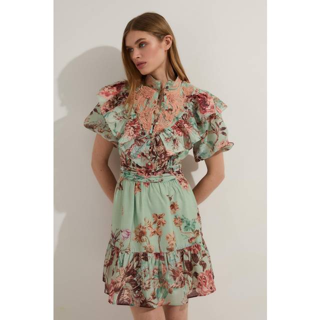 Floral Applique Lace Mini Dress - Pink