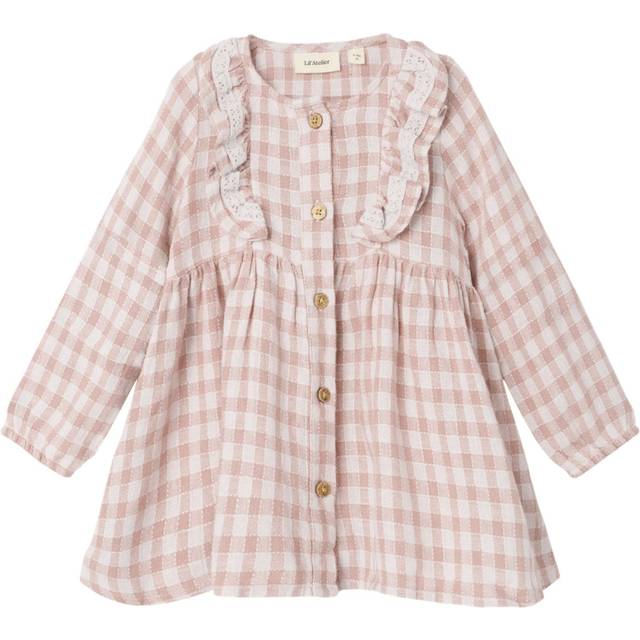 Lil Atelier Mini Girls Long Sleeve Gingham Dress - Peach Whip, Peach Whip, Size 6 Years - 6 YEARS