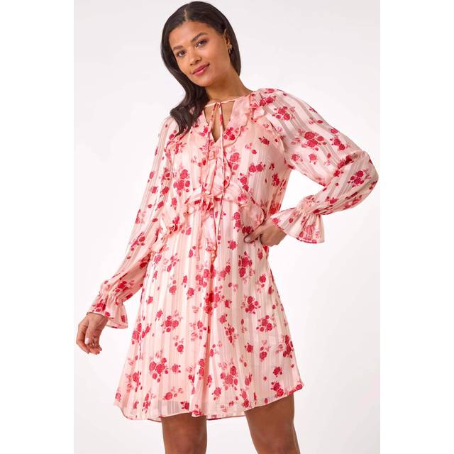 Rose Print Ruffle V-Neck Smock Dress - Light Pink - 18