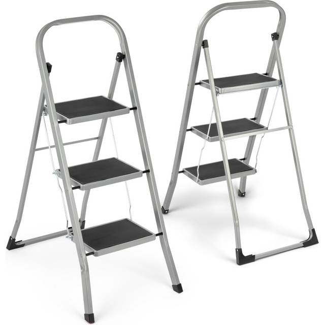 (Grey) 3 Step Ladder Portable Compact Folding Metal Non Slip Stool Heavy Duty Steel