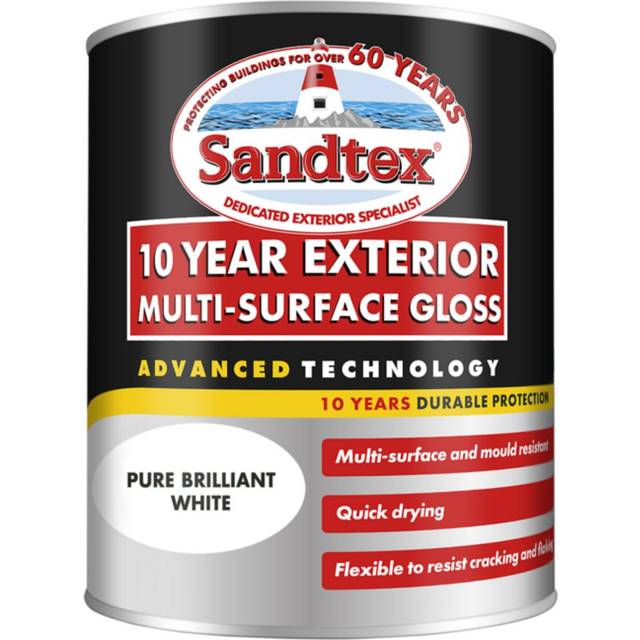 Sandtex 10 Year Exterior Multi-Surface Gloss Paint, Pure Brilliant White 750ml