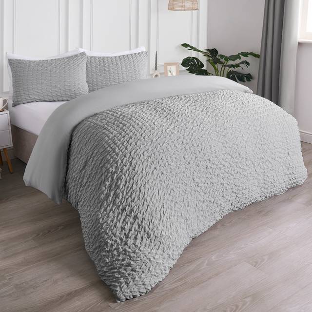 OHS Geometric Seersucker Duvet Set, Grey - Double