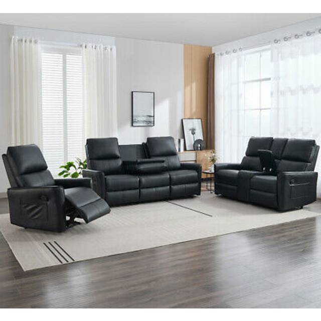 MADRID 1+2+3 SEATER w CONSOLE MANUAL RECLINER AIR LEATHER SOFA SET BLACK