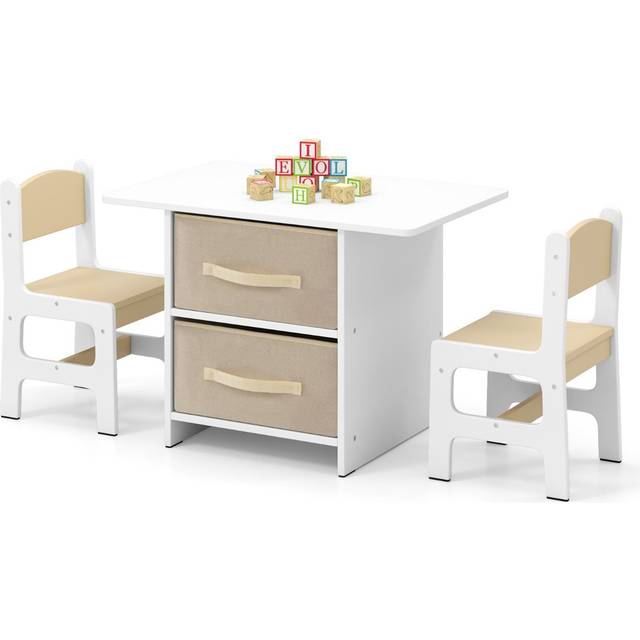 Toddler Wooden Activity Table & 2 Chairs Set with 2 Fabric Storage Bins-Beige