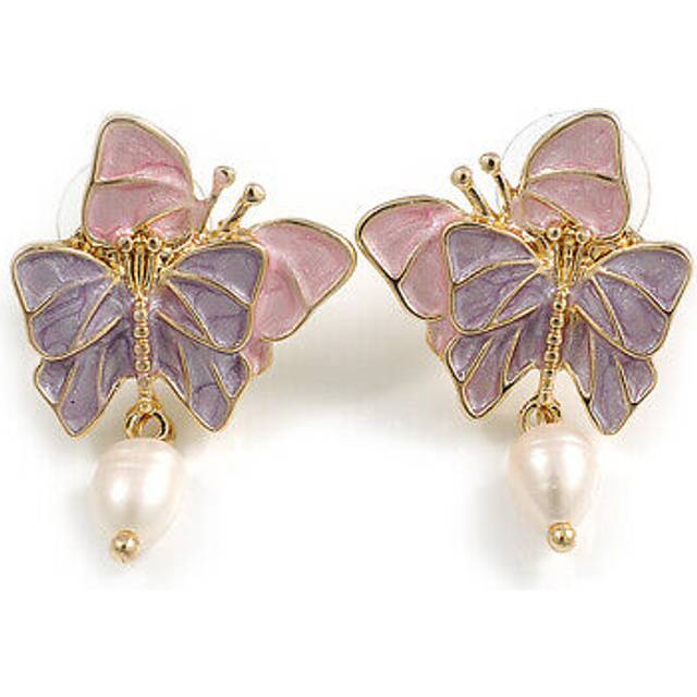 Pink/lavender enamel double butterfly with dangling pearl bead stud earrings in
