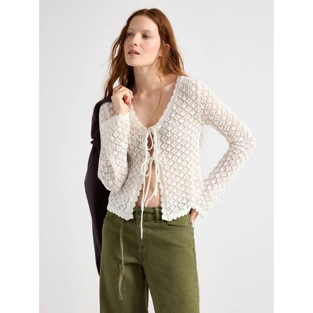 Mönsterstickad cardigan med knytband