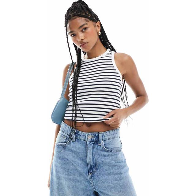 New Look Women's White Striped Ribbed Racer Vest - UK 6