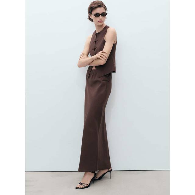 Linen-blend straight skirt chocolate - Woman - M - MANGO - Chocolate