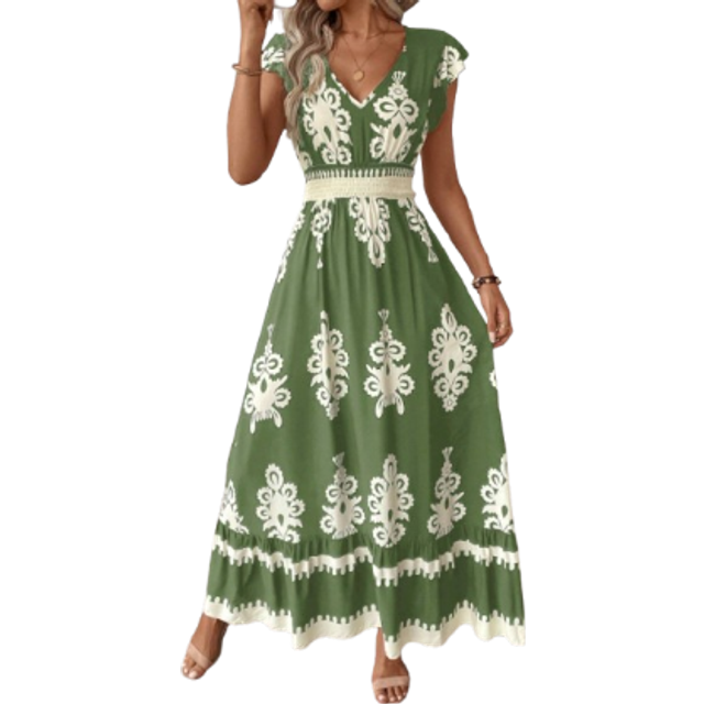 EMERY ROSE Shirred Ruffle Trim Cap Sleeve Cinched Waist Ruffle Hem A-Line Dress, Casual Resort Wear For Women,Summer Dresses For Women