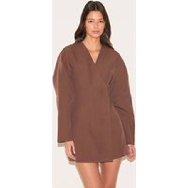 Tan Woven Balloon Sleeve Blazer Dress, Brown - 8