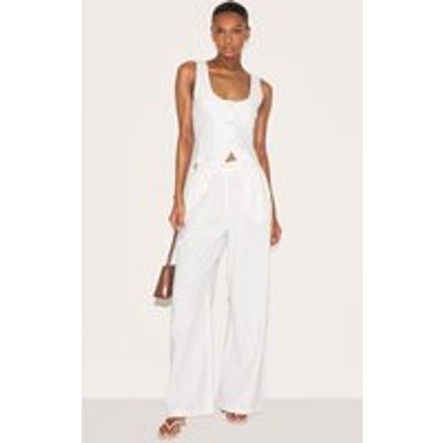 White Linen Look Tailored Draw String Wide Leg Trouser, White - 10