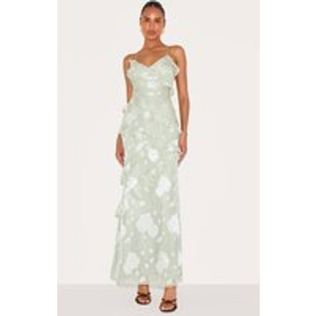 Sage Green Embroidered Frill Maxi Dress, Sage Green - 4