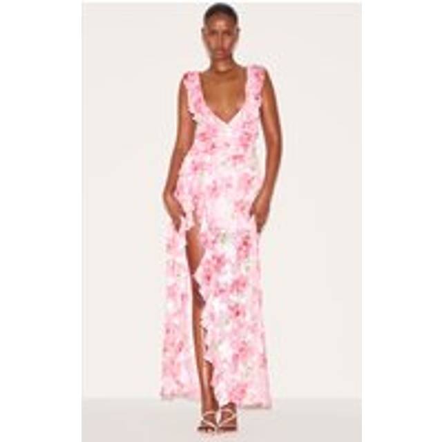 Pink Floral Chiffon Frill Plunge Strappy Maxi Dress, Pink - 6